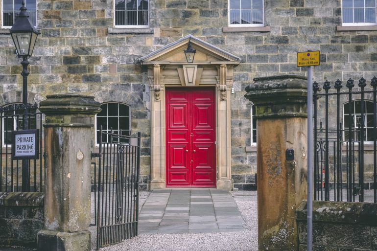 Red door at Oakshaw Trinity Church