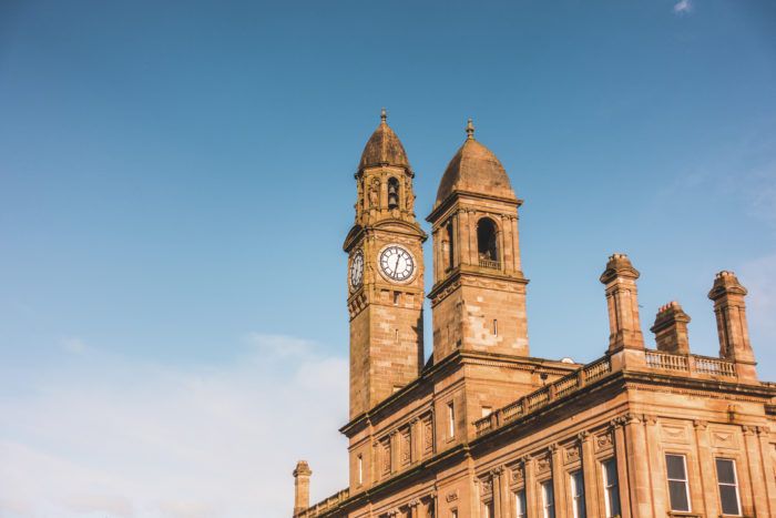 Paisley Town Hall towers in the sunshine