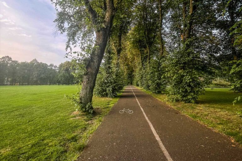 Cycle path and trees in Robertson Park, Renfrew