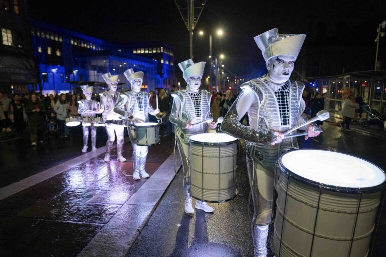 Spark! LED drummers perform on the streets at Paisley Halloween Festival 2022