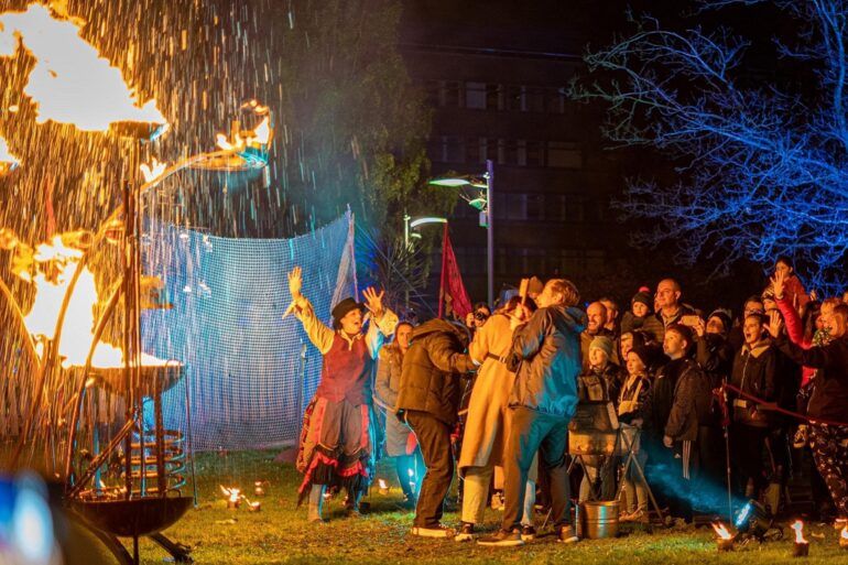 Fire performance with visitors gathered beside Renfrewshire House, Paisley, for Paisley Halloween Festival. Photo by Stuart White