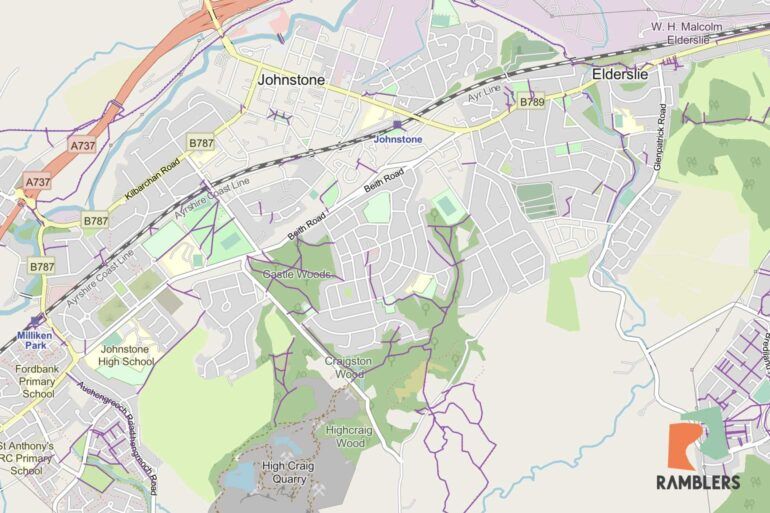 Ramblers UK Scottish Path Map showing excerpt of Johnstone