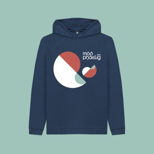 Navy blue hoodie on a light green background with the Mòd Phàislig 2023 logo across the chest.