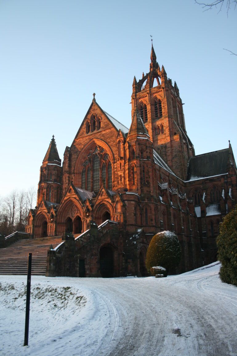 A snowy church