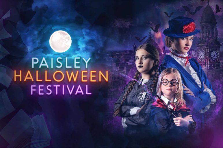 Full moon and Halloween characters including Wednesday Addams, Harry Potter and Mary Poppins with spooky atmospheric background. Text says Paisley Halloween Festival